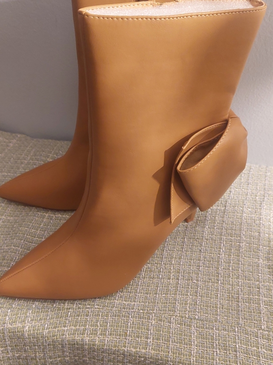 Shoes - Pointed Toe Mid-Calf Heeled Boots with Decorative Side Bow in Camel